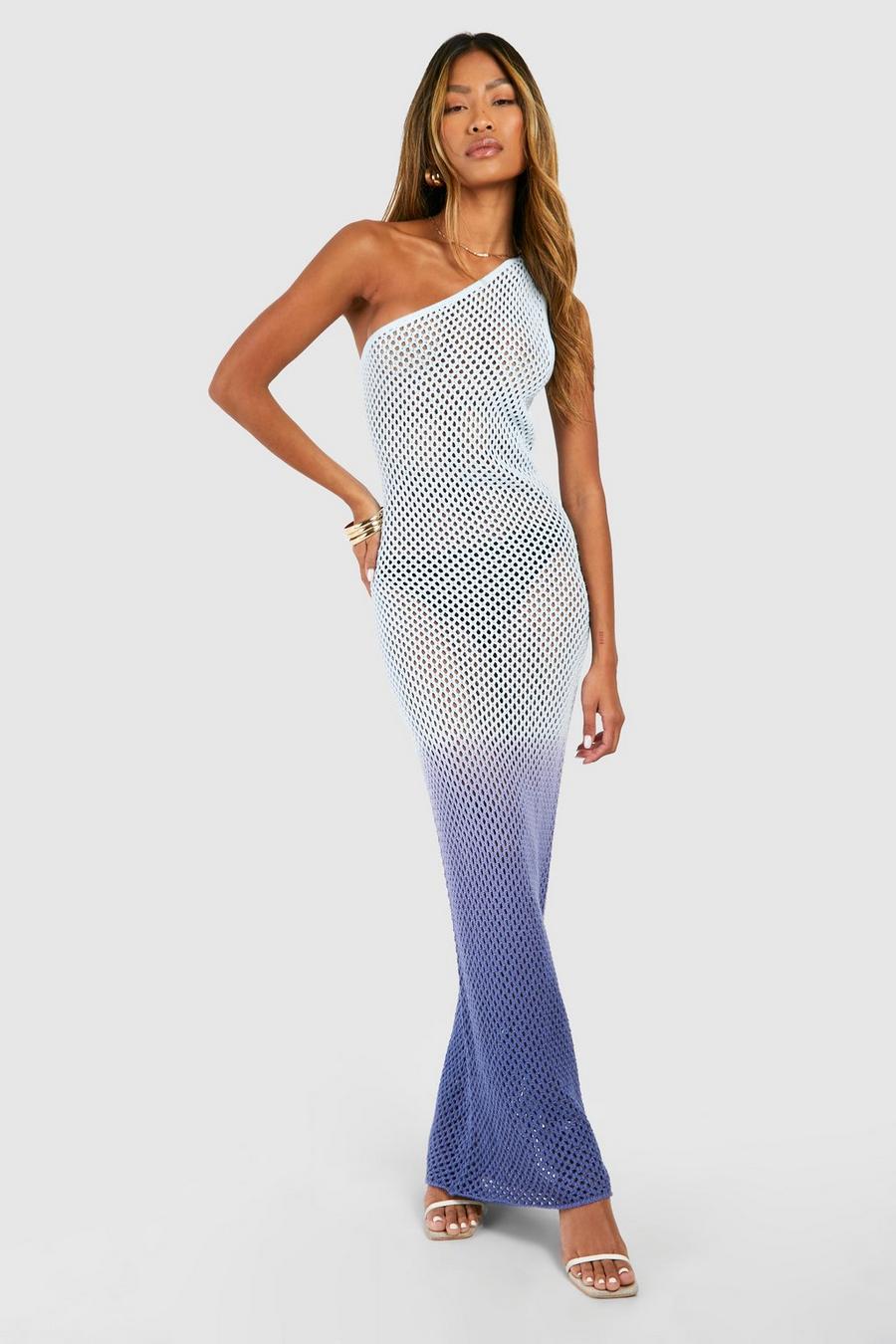 Blue Ombre Crochet One Shoulder Knitted Maxi Dress image number 1