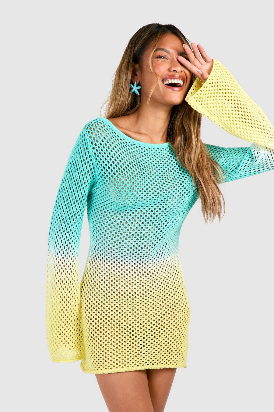 Blue Ombre Crochet Boat Neck Knitted Mini Dress lysebl image number 1
