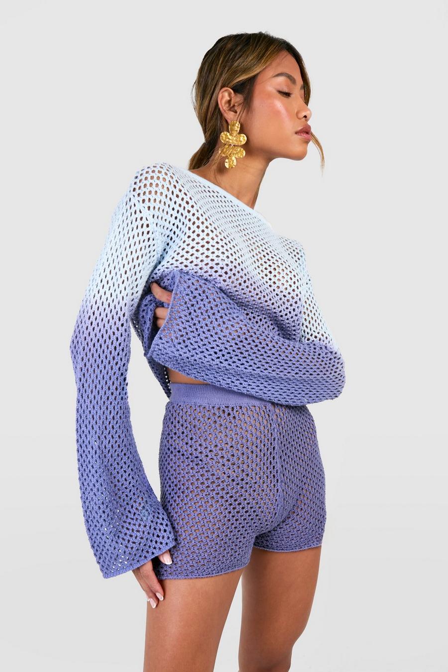 Blue Ombre Crochet Long Sleeve Knitted Top