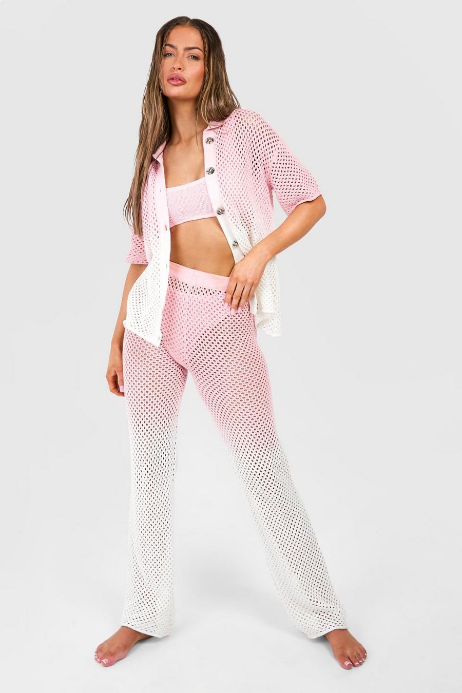 Pink Ombre Crochet Shirt And Wide Leg Pants Knitted Set image number 1