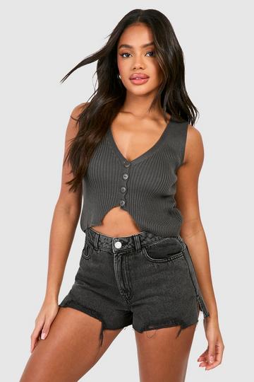 Gebleekte Zwarte Versleten Denim Shorts Met Onbewerkte Zoom black