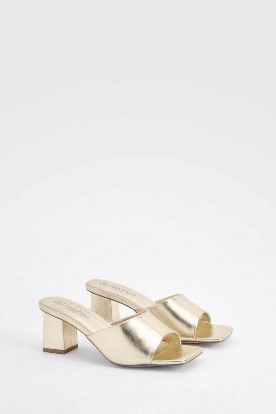 Sandali Mules a calzata ampia metallizzati con tacco basso a blocco, Gold