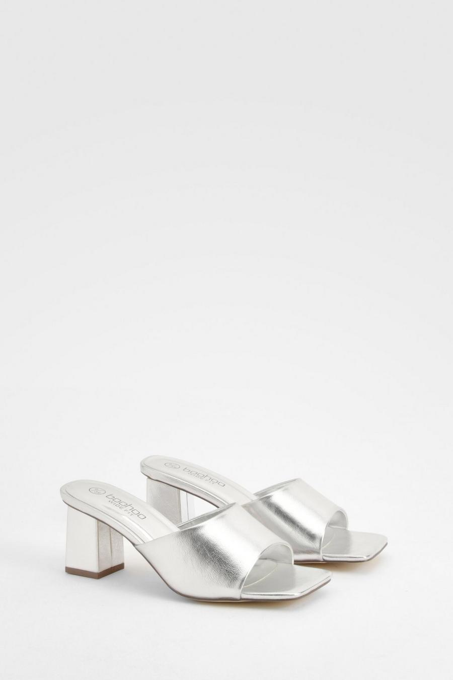 Sandali Mules a calzata ampia metallizzati con tacco basso a blocco, Silver