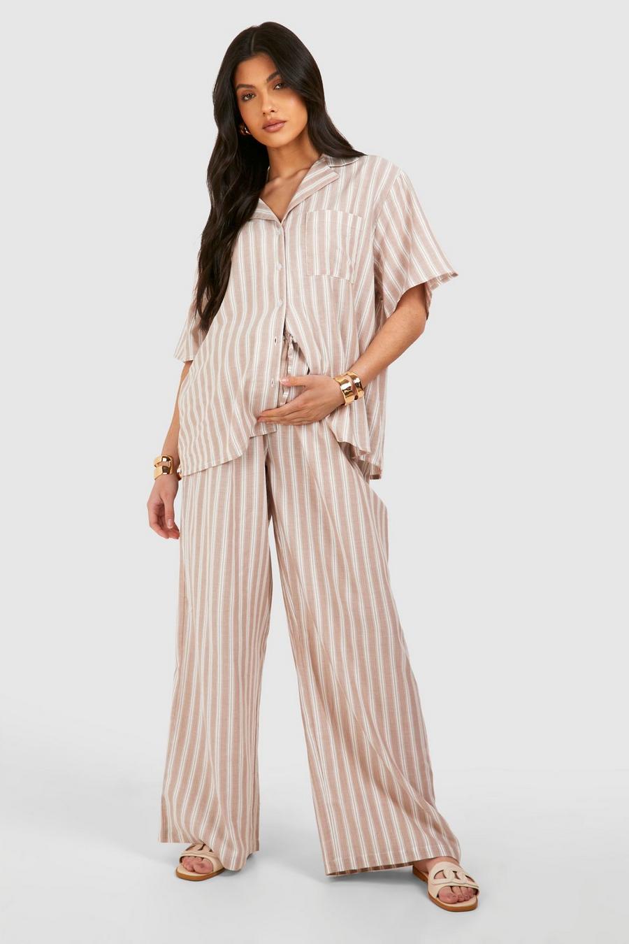 Stone Maternity Elasticated Waist Linen Stripe Wide Leg Trousers image number 1