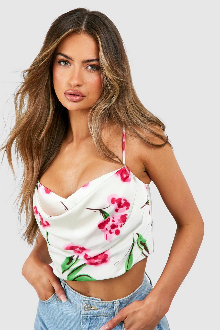 White Satin Floral Cowl Cami  image number 1