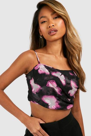 Floral Chiffon Drape Crop Top black