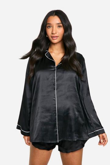 Maternity Satin Piped Pyjama Nightshirt black