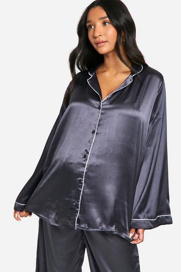 Maternity Satin Piped Pyjama Nightshirt charcoal