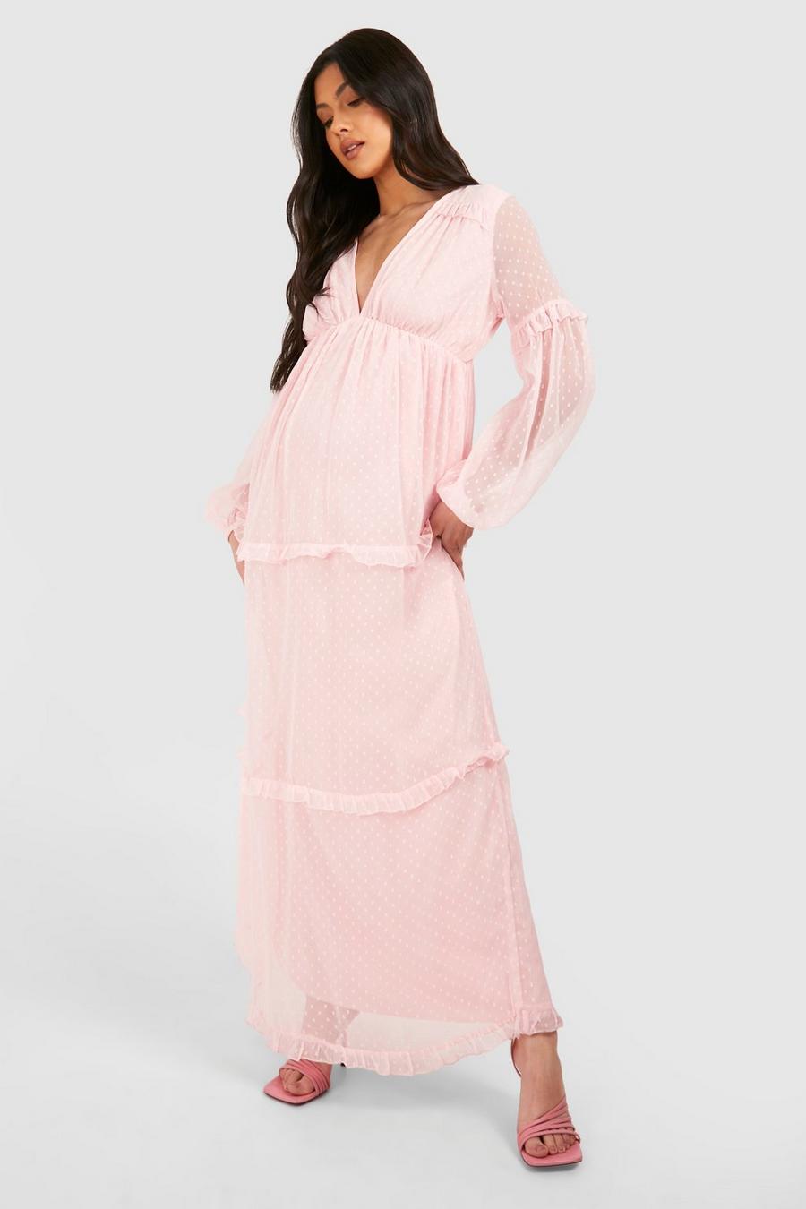 Light pink Mammakläder Långklänning i prickig mesh med volanger