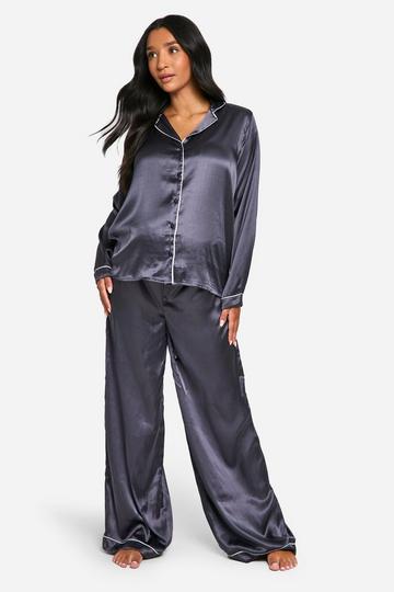 Maternity Satin Piped Pyjama Trouser Set charcoal