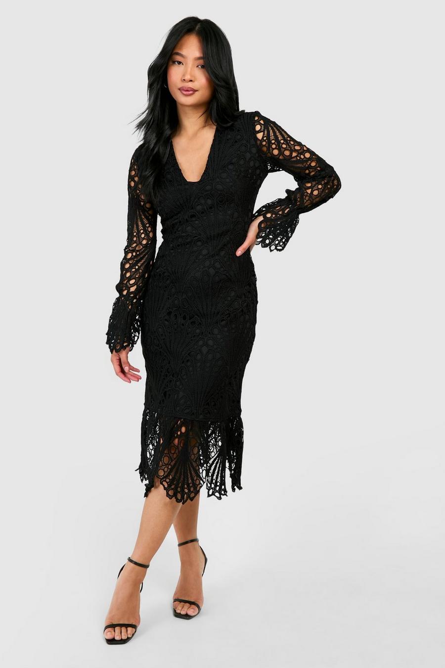 Black Petite Premium Lace Plunge Front Midaxi Dress  image number 1