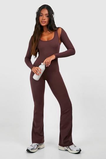 Premium Sculpt Scoop Neck Flared Legging Unitard Jumpsuit chocolate