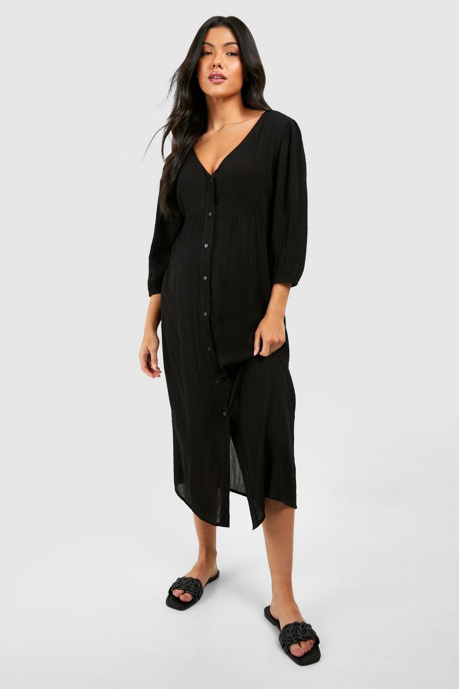 Black Maternity Cheesecloth Button Down Midi Dress image number 1