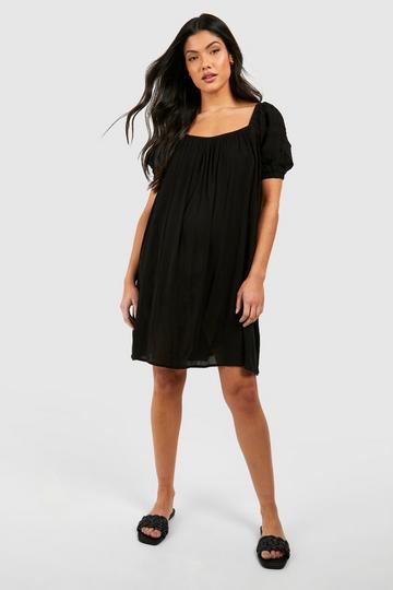 Black Maternity Cheesecloth Puff Sleeve Midi Dress