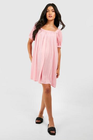 Pink Maternity Cheesecloth Puff Sleeve Midi Dress