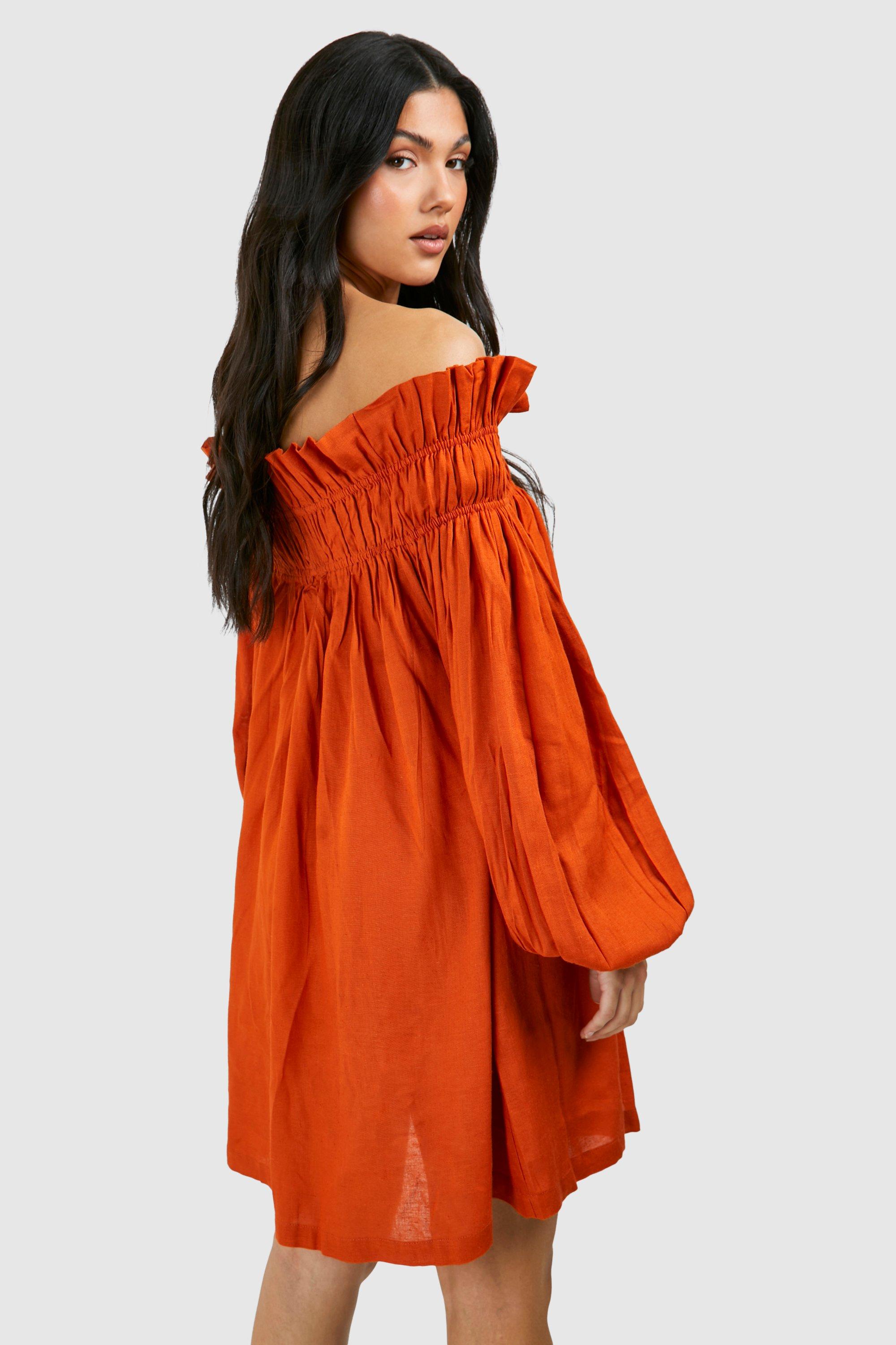 Maternity Linen Frill Off The Shoulder Mini Smock Dress | boohoo USA