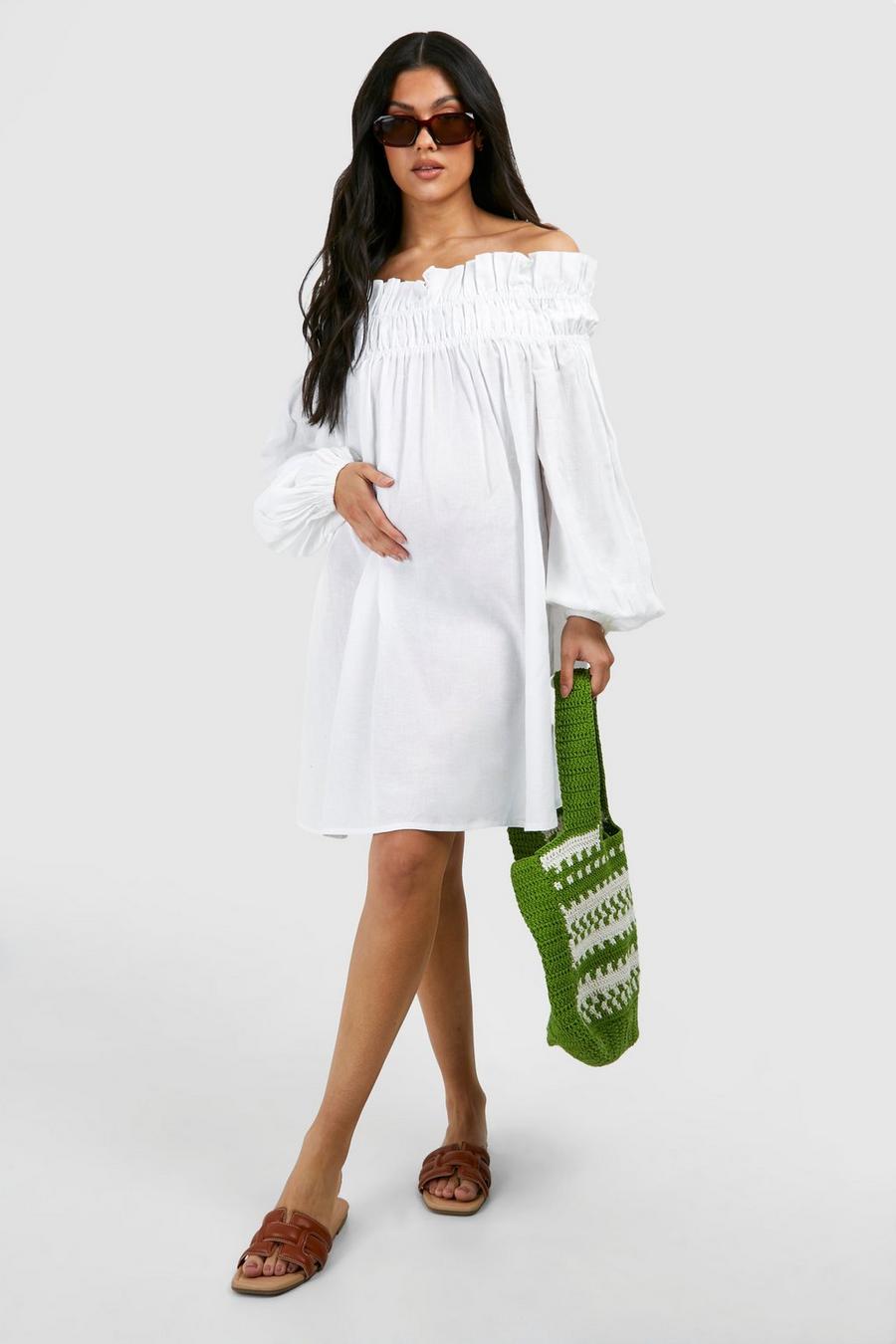 Vestido Premamá mini holgado de lino con volante y escote bardot, White image number 1