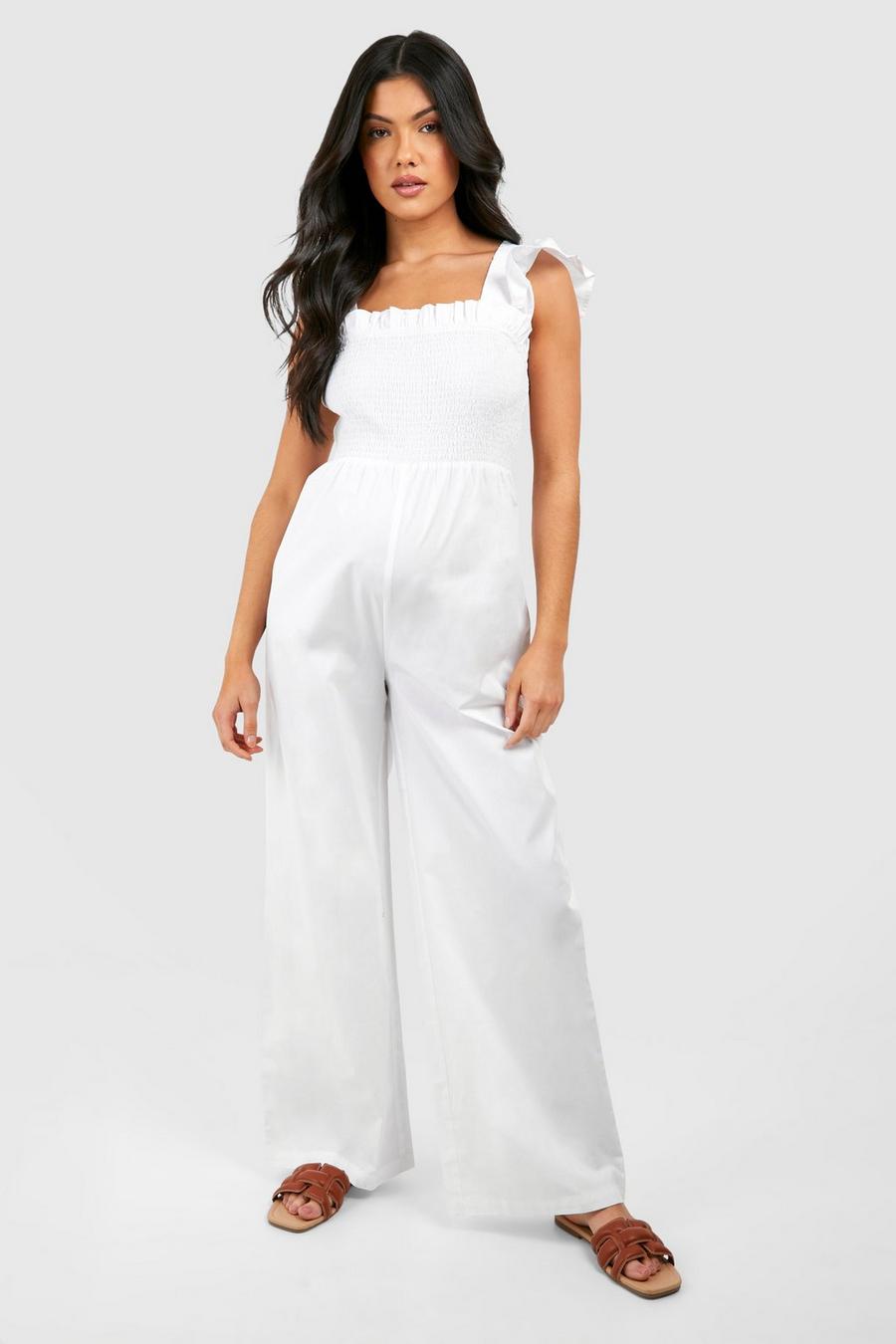 White Maternity Frill Strap Shirred Jumpsuit image number 1