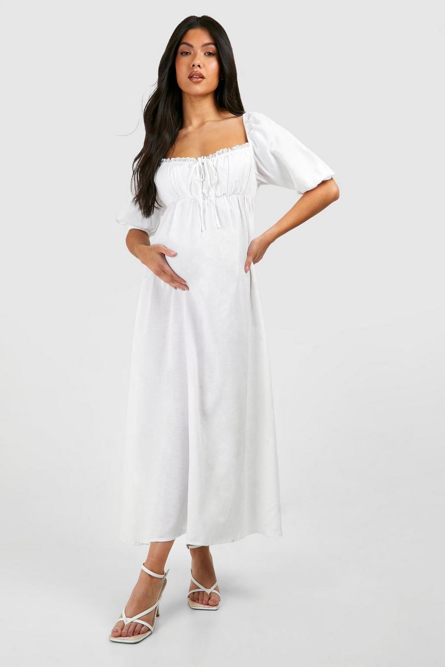 White Maternity Linen Milk Maid Midi Dress