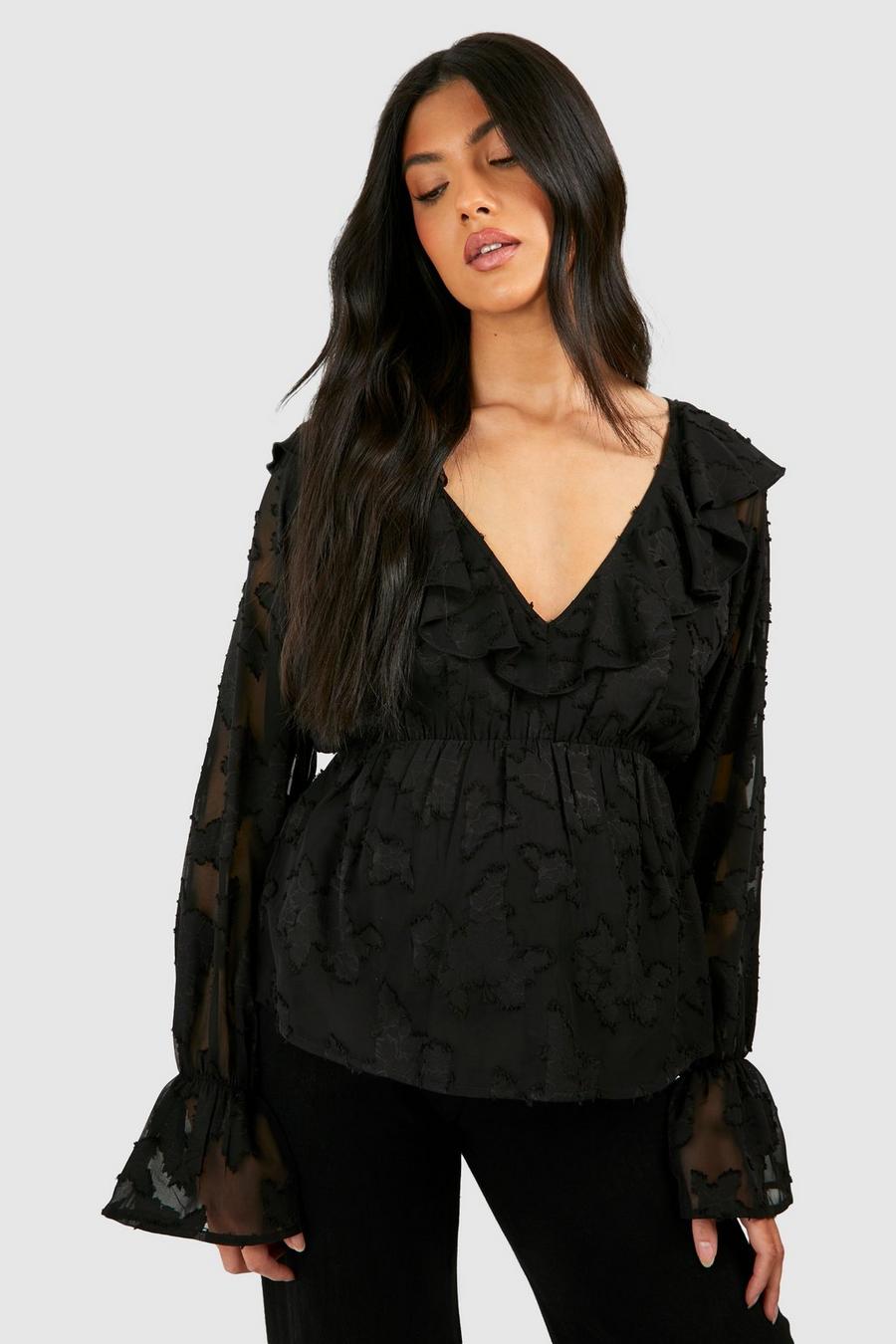 Top Premamá de jacquard con volante y estampado de flores, Black