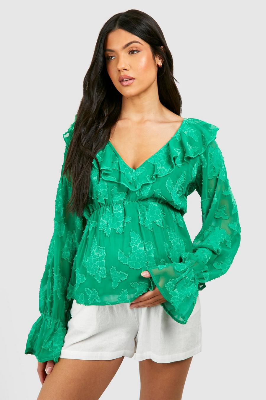 Green Maternity Floral Jacquard Frill Detail Peplum Top image number 1