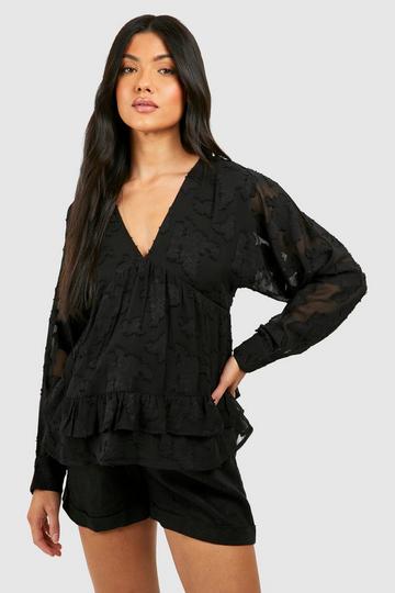 Zwangerschap Gesmokte Jacquard Bloemen Top Met V-Hals black