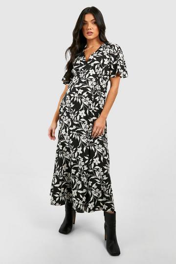 Maternity Floral Print V Neck Midi Dress black