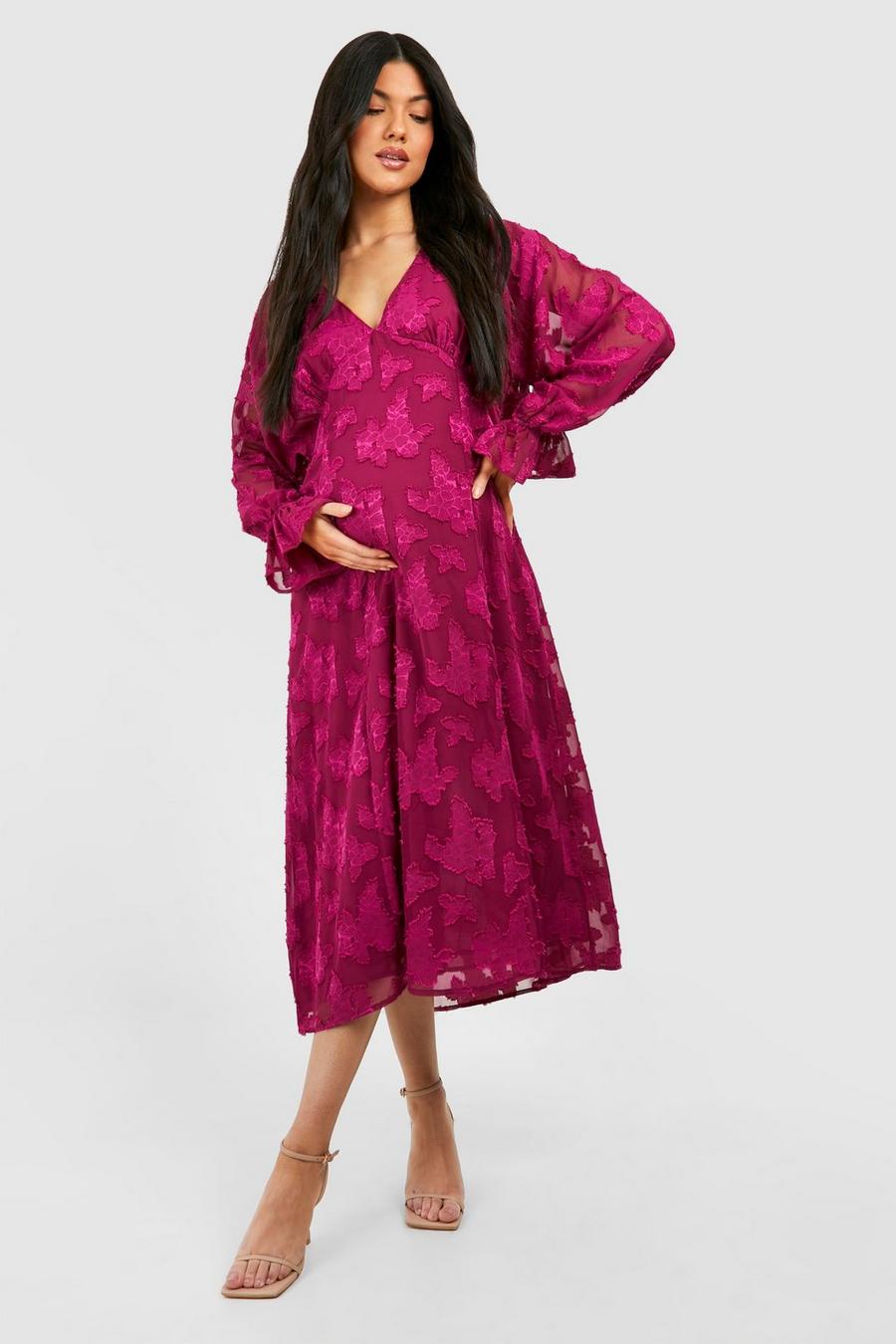 Maternité - Robe de grossesse mi-longue fleurie à motif jacquard, Hot pink image number 1
