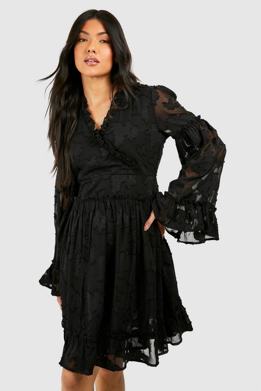 Vestido Premamá mini holgado cruzado de jacquard con estampado de flores, Black image number 1