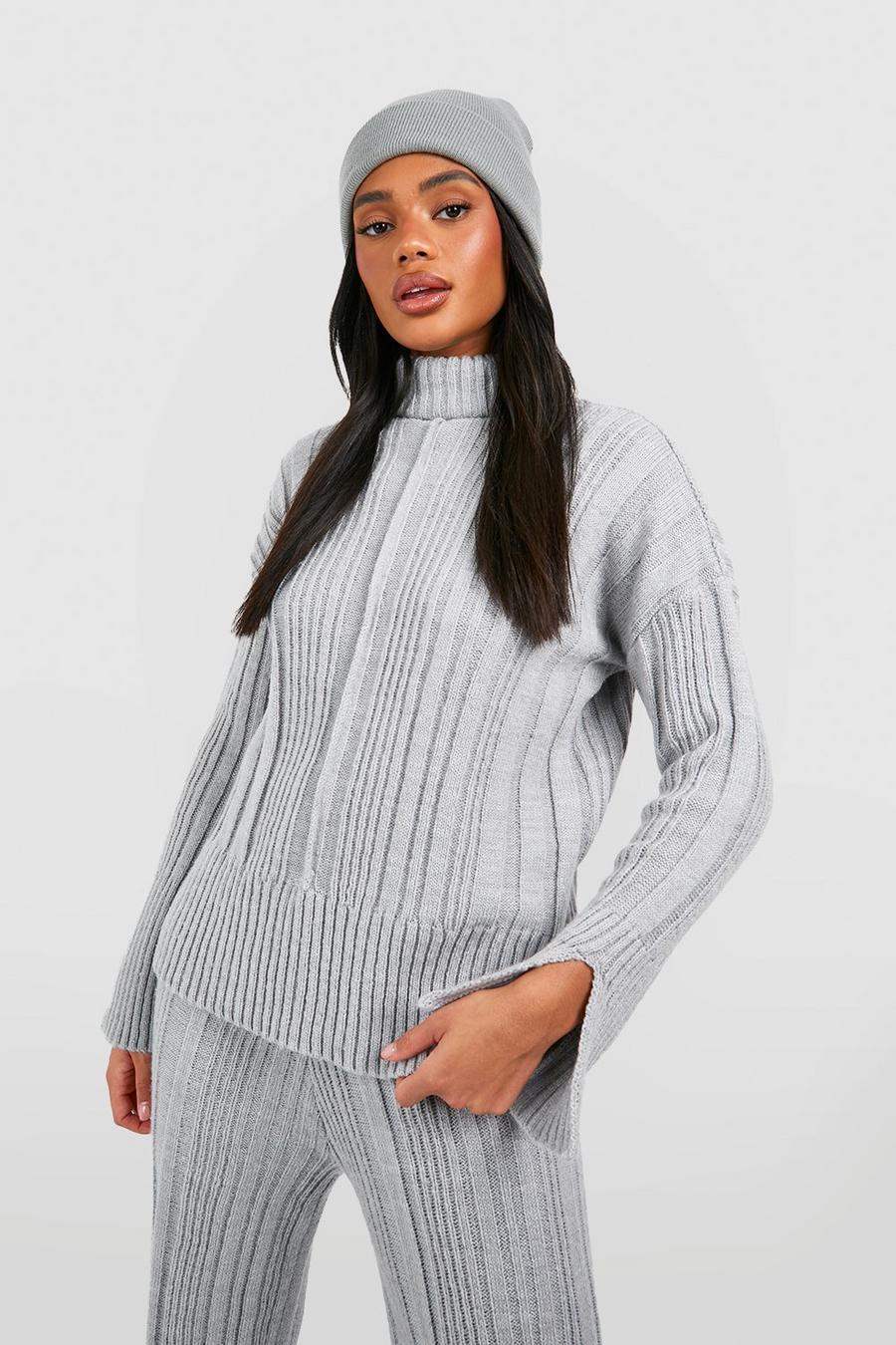 Silver Turtleneck Soft Mixed Rib Knit Sweater