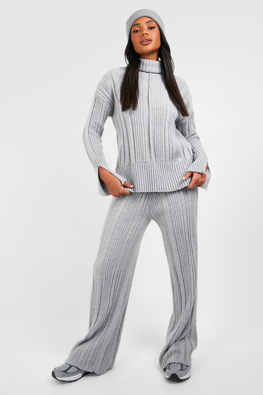 Silver Soft Mixed Rib Knit Wide Leg Trousers