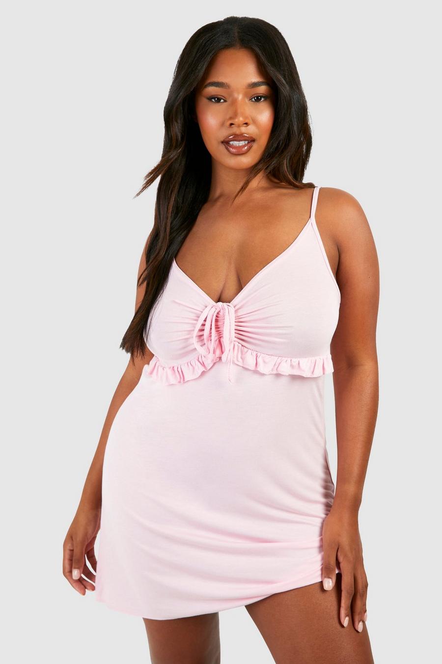 Baby pink Plus Ruched Front Frill Detail Nightgown image number 1