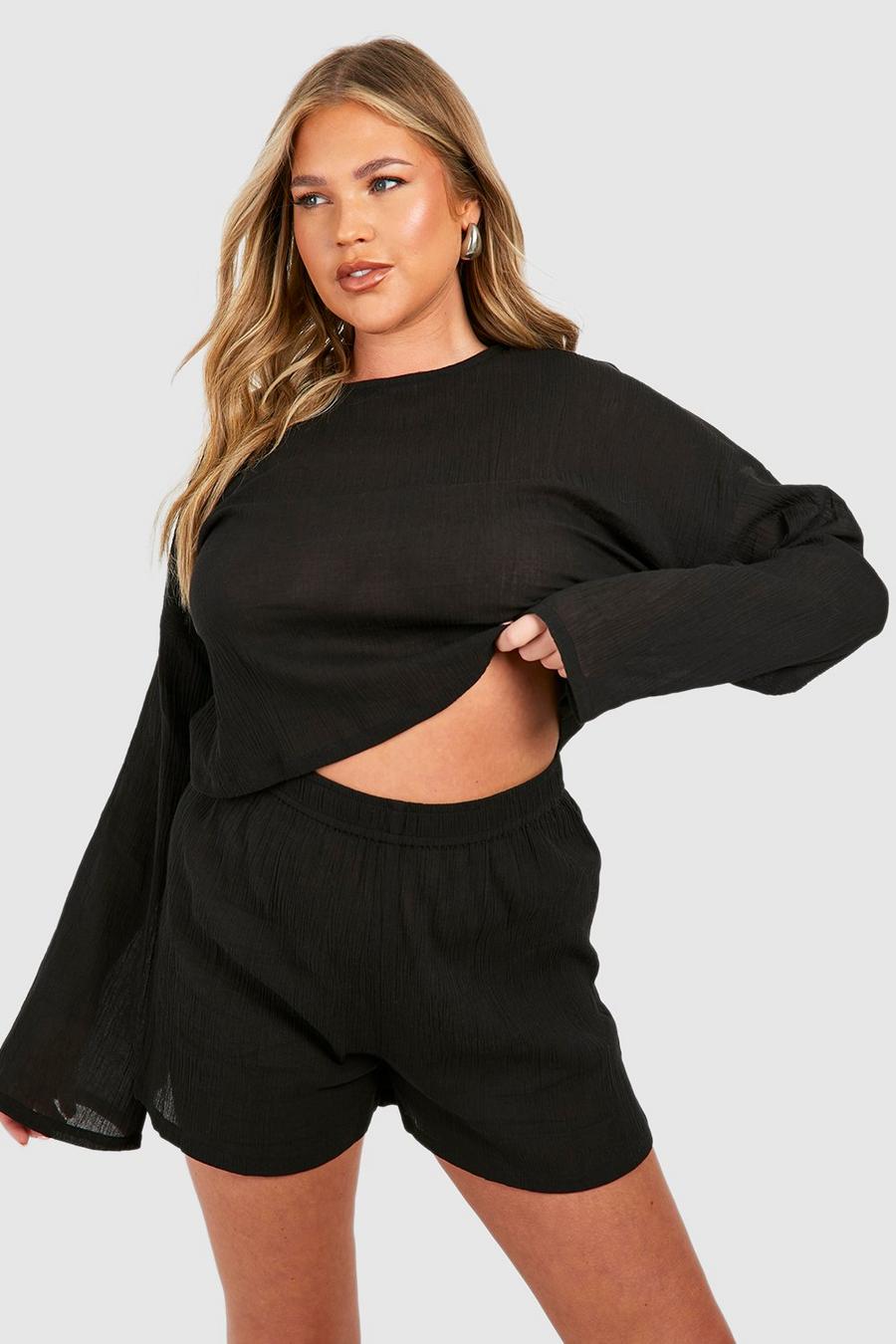 Black Plus Flare Sleeve And Button Front Loungewear Short Set