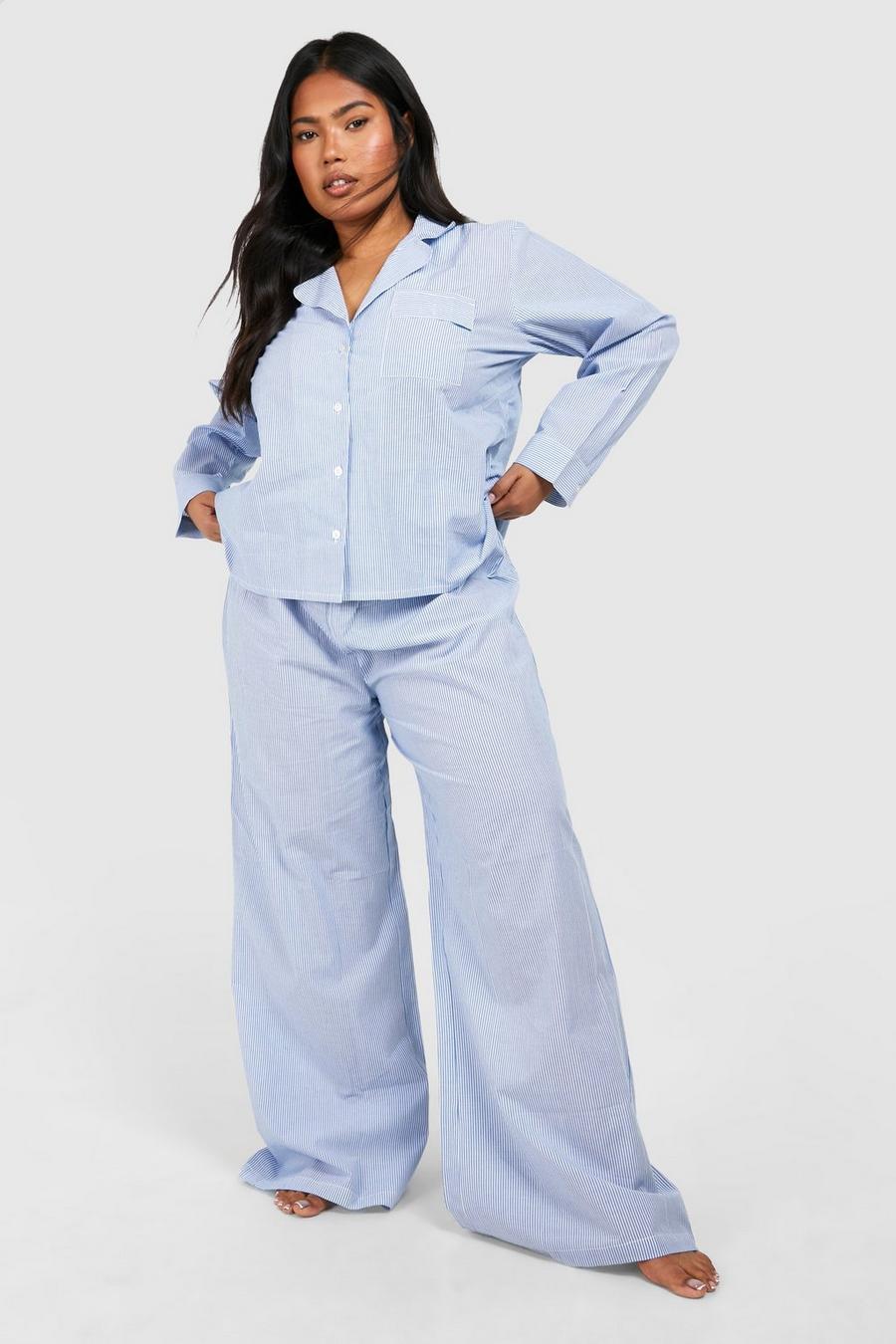 Grande taille - Ensemble de pyjama à rayures avec chemise et pantalon, Blue