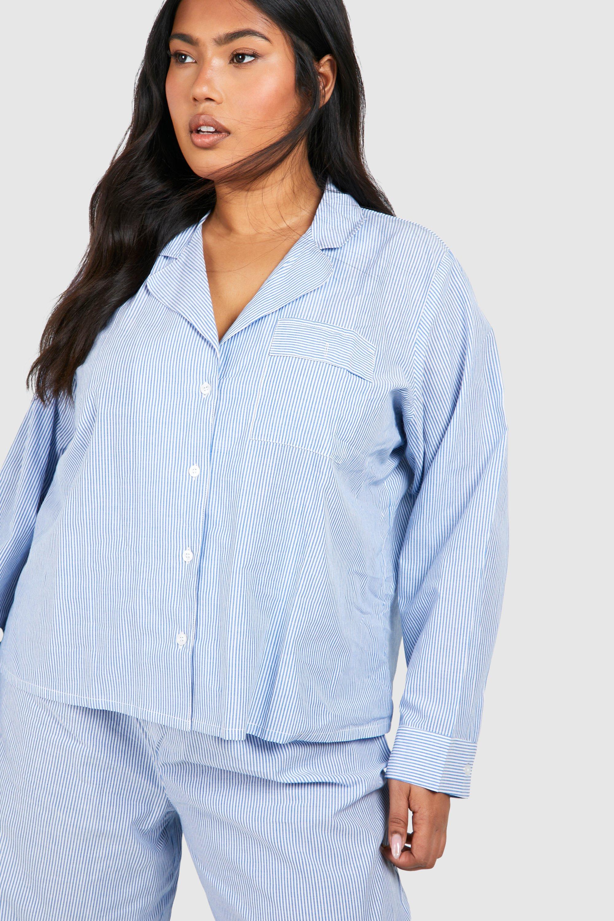 Boohoo Women s Plus Striped Button Through Pj Trouser Set Blue