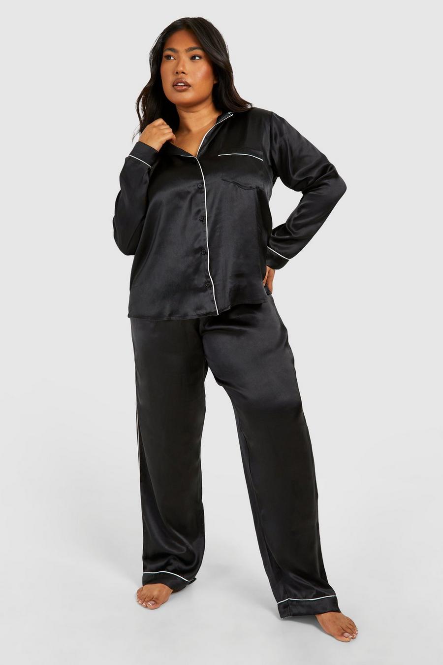 Set pigiama Plus Size in raso con cordoncino a contrasto e pantaloni lunghi, Black image number 1