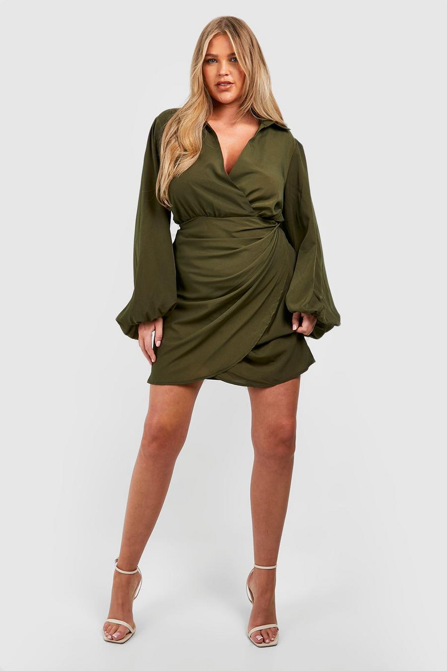 Grande taille - Robe portefeuille à manches longues, Khaki image number 1