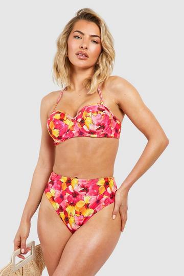 Tropenprint Bikinihose mit hohem Bund pink