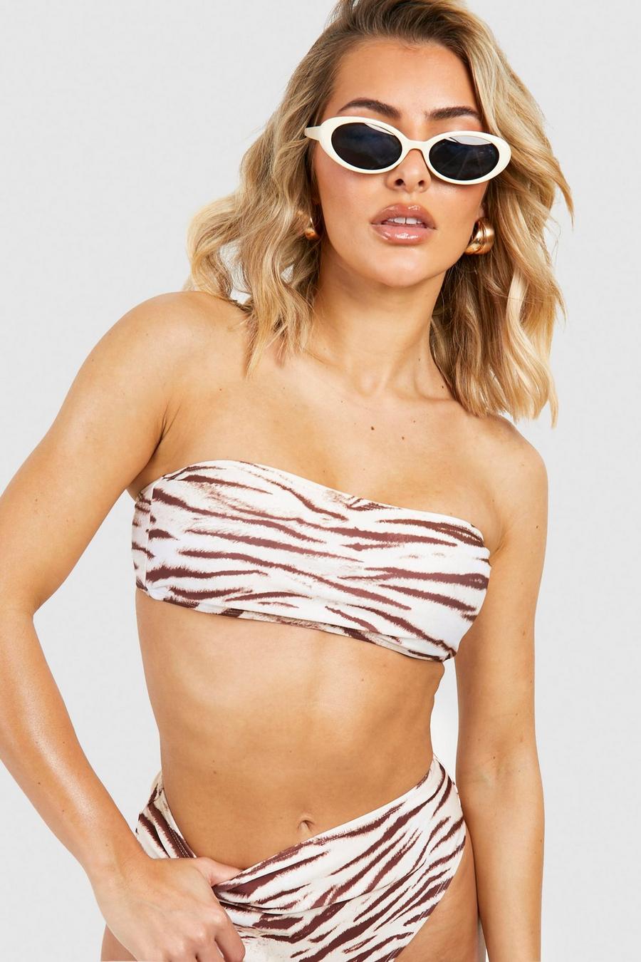 Cream Tigermönstrad bandeau bikiniöverdel