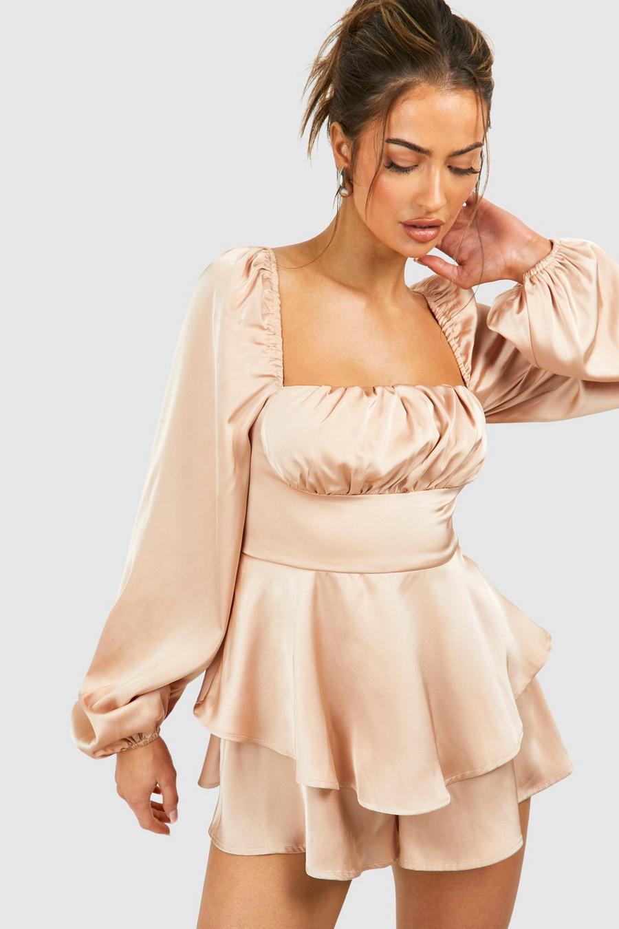 Blush Long Sleeve Ruched Ruffle Short Romper image number 1