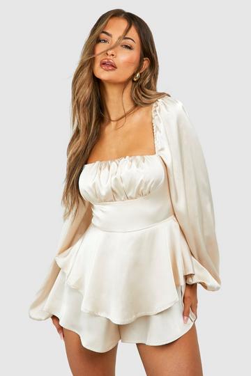Champagne Beige Long Sleeve Ruched Ruffle Short Playsuit