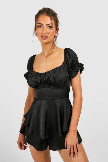 Puff Sleeve Ruffle Short Playsuit black