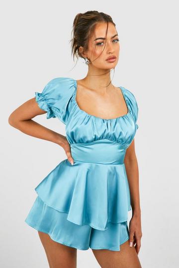 Puff Sleeve Ruffle Short Playsuit blue