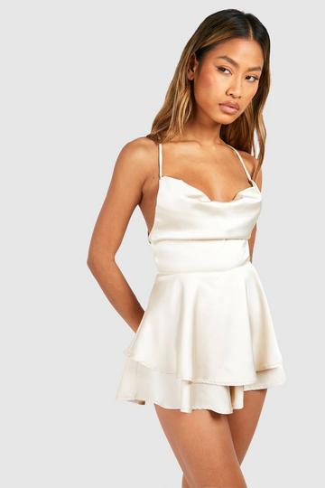 Champagne Beige Cowl Neck Ruffle Short Playsuit