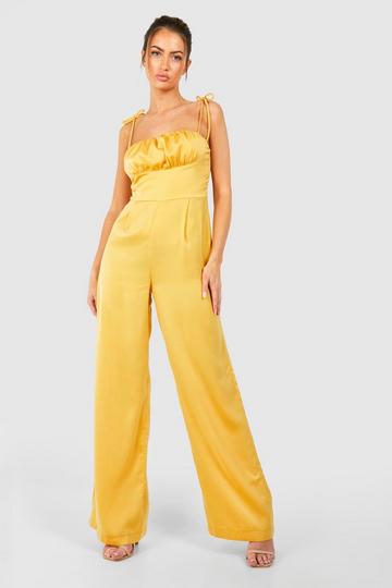 Lemon Yellow Tie Strap Ruched Jumpsuit