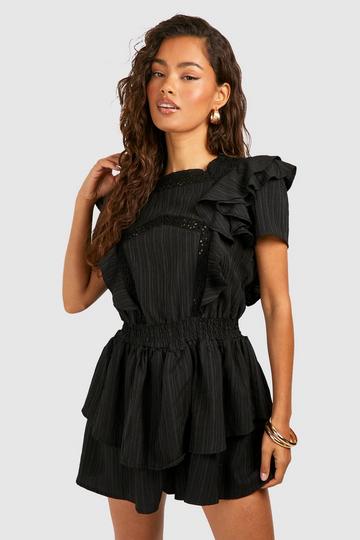 Tetxured Crochet Trim Ruffle Romper black