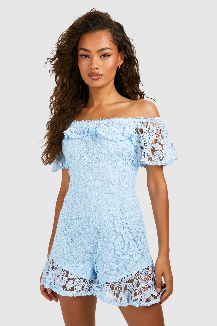 Pale blue Lace Ruffle Detail Playsuit image number 1