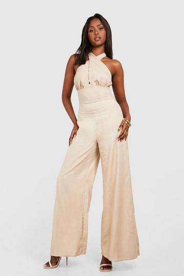 Linen Blend Cross Front Jumpsuit stone