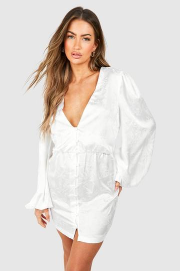 Ivory White Jaquard Blouson Sleeve Mini Dress