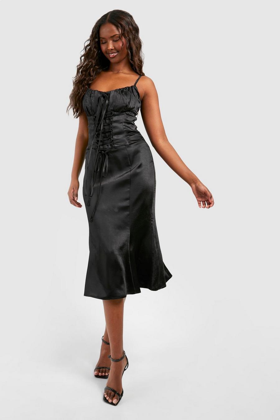 Black Satin Lace Up Corset Midi Dress image number 1